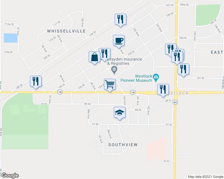 map of restaurants, bars, coffee shops, grocery stores, and more near 9935 104 Street in Westlock