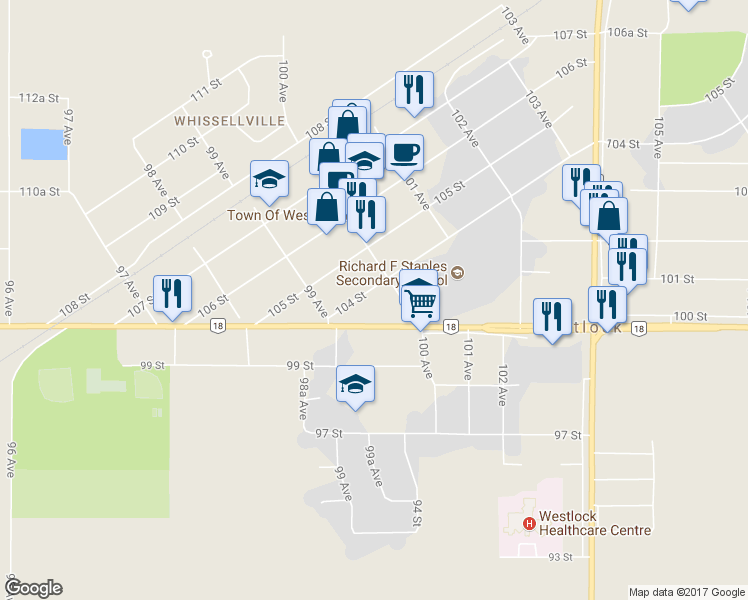 map of restaurants, bars, coffee shops, grocery stores, and more near 9935 104 Street in Westlock
