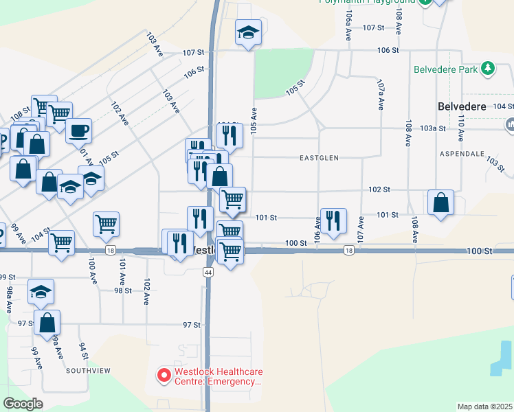 map of restaurants, bars, coffee shops, grocery stores, and more near 10516 102 Street in Westlock
