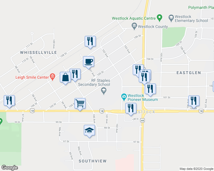 map of restaurants, bars, coffee shops, grocery stores, and more near 10113 104 Street in Westlock
