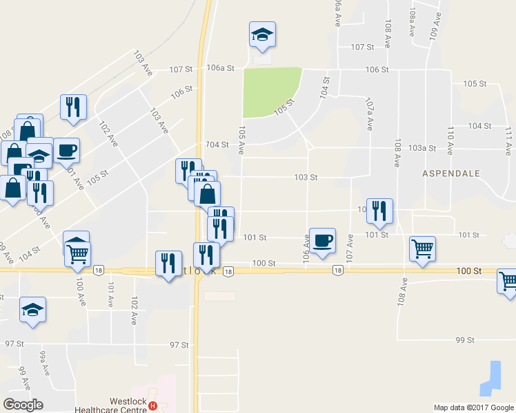 map of restaurants, bars, coffee shops, grocery stores, and more near 10516 102 Street in Westlock
