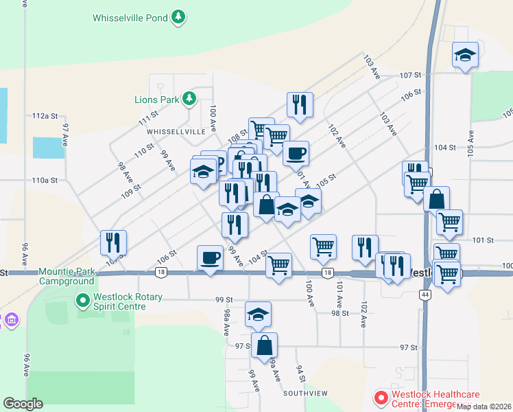 map of restaurants, bars, coffee shops, grocery stores, and more near 9935 106 Street in Westlock