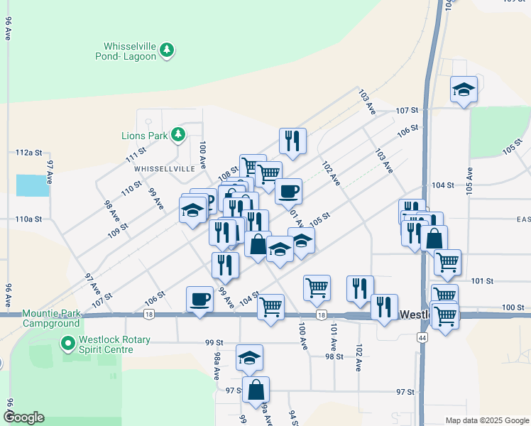 map of restaurants, bars, coffee shops, grocery stores, and more near 10016 106 Street in Westlock