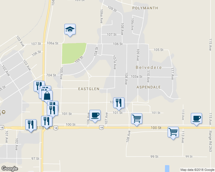 map of restaurants, bars, coffee shops, grocery stores, and more near 10636 103 Street in Westlock