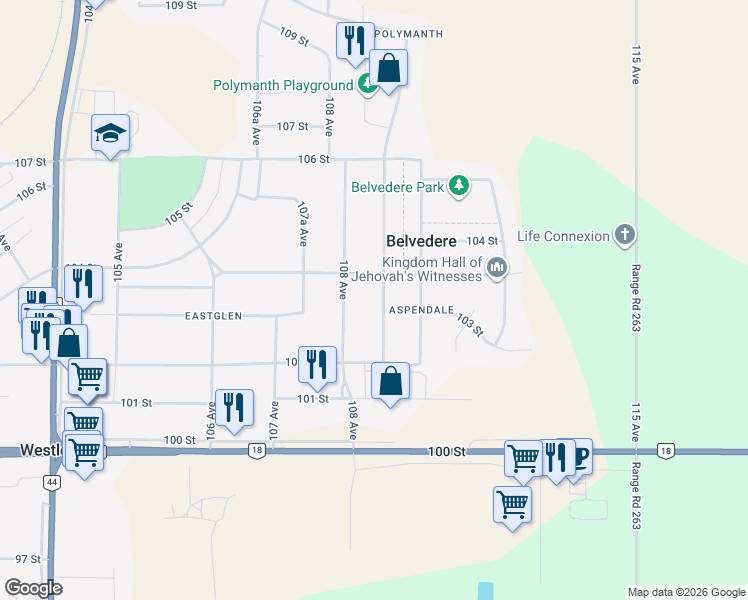 map of restaurants, bars, coffee shops, grocery stores, and more near 10251 109 Avenue in Westlock