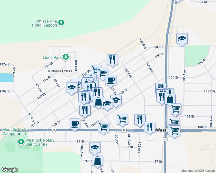 map of restaurants, bars, coffee shops, grocery stores, and more near 979 101 Avenue in Westlock