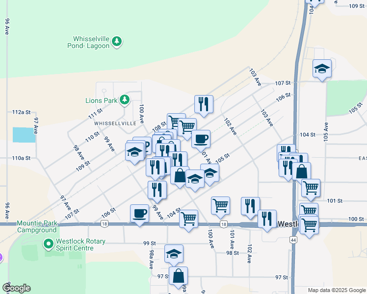 map of restaurants, bars, coffee shops, grocery stores, and more near 10016 106 Street in Westlock