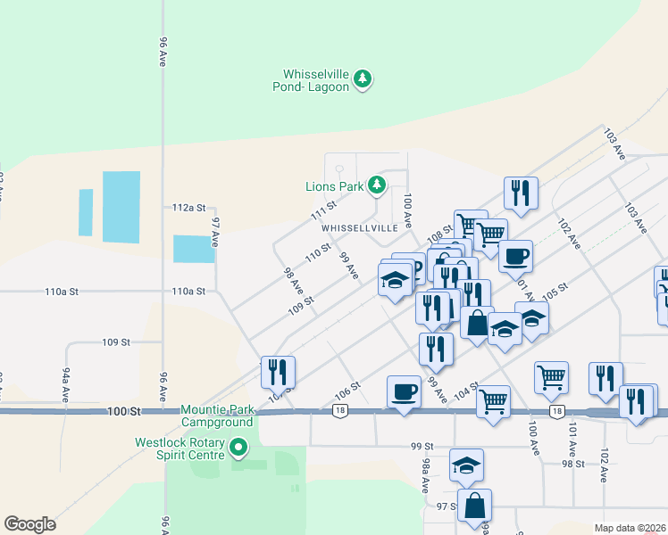 map of restaurants, bars, coffee shops, grocery stores, and more near 9824 109 Street in Westlock