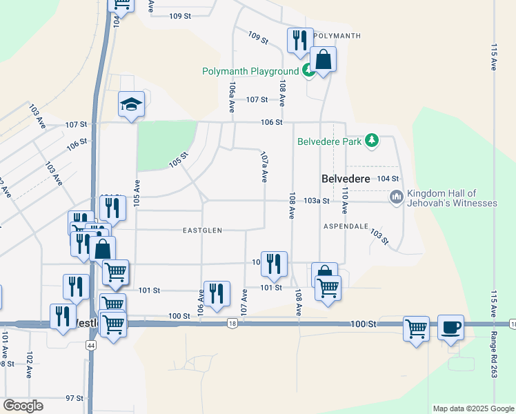 map of restaurants, bars, coffee shops, grocery stores, and more near 10636 103 Street in Westlock