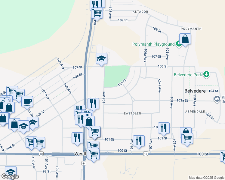 map of restaurants, bars, coffee shops, grocery stores, and more near 10515 105 Street in Westlock