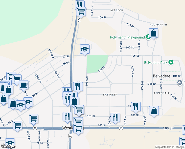 map of restaurants, bars, coffee shops, grocery stores, and more near 10515 105 Street in Westlock