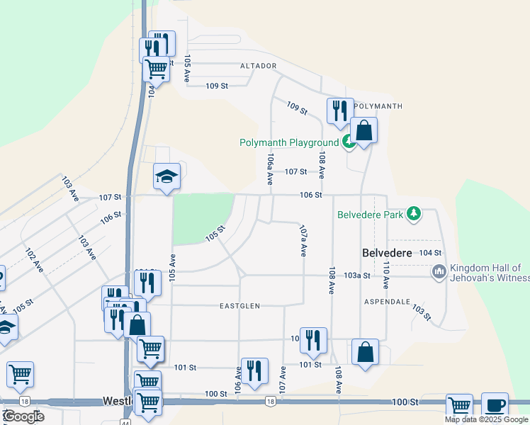 map of restaurants, bars, coffee shops, grocery stores, and more near 10711 104 Street in Westlock
