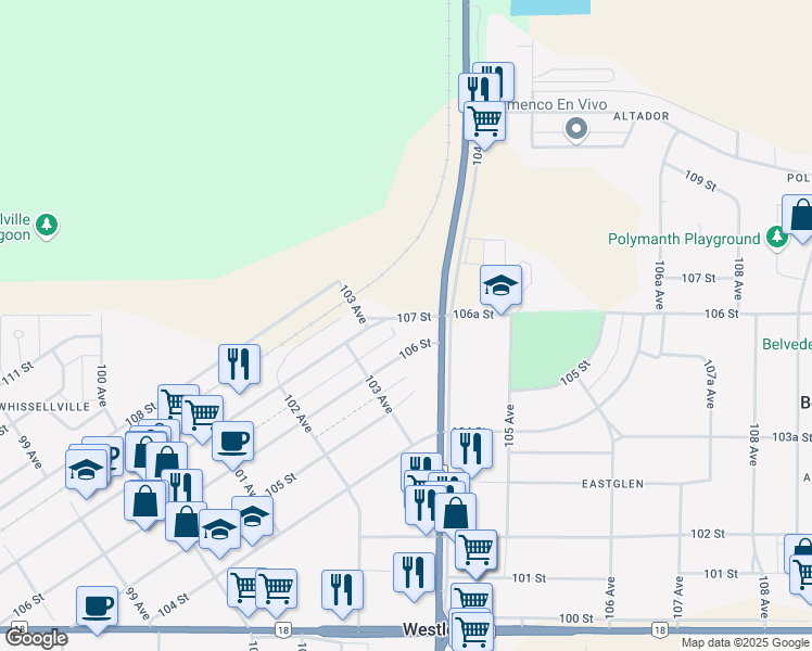 map of restaurants, bars, coffee shops, grocery stores, and more near 10336 106 St in Westlock