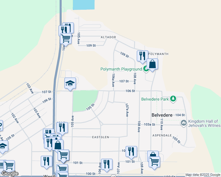 map of restaurants, bars, coffee shops, grocery stores, and more near 10711 104 Street in Westlock