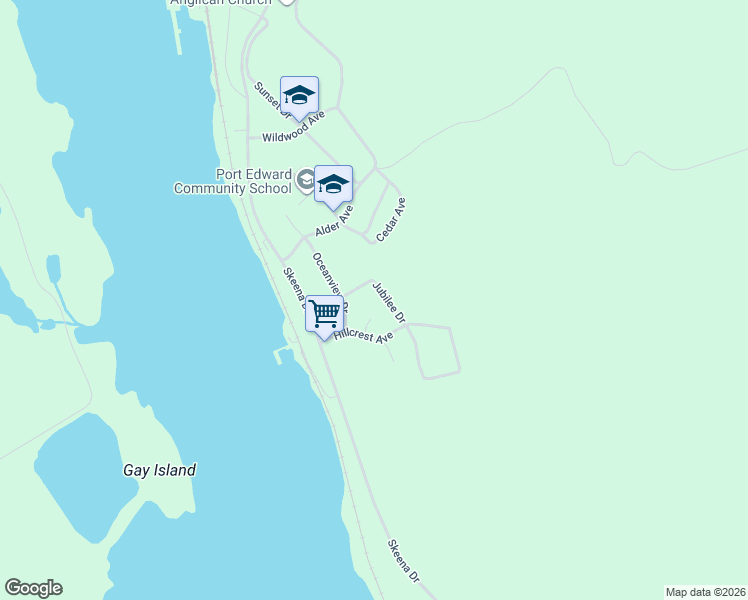 map of restaurants, bars, coffee shops, grocery stores, and more near 908 Jubilee Drive in Prince Rupert