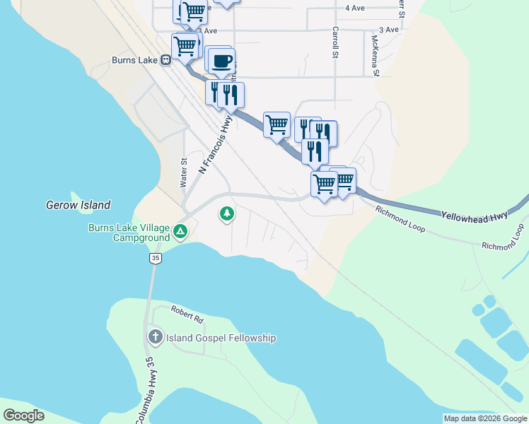 map of restaurants, bars, coffee shops, grocery stores, and more near 217 Pioneer Way in Burns Lake