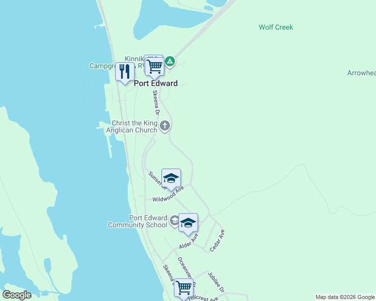 map of restaurants, bars, coffee shops, grocery stores, and more near 575 Evergreen Drive in Port Edward