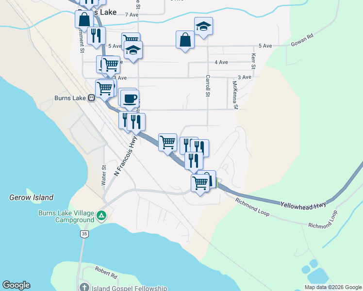 map of restaurants, bars, coffee shops, grocery stores, and more near 250 Hill Street in Burns Lake
