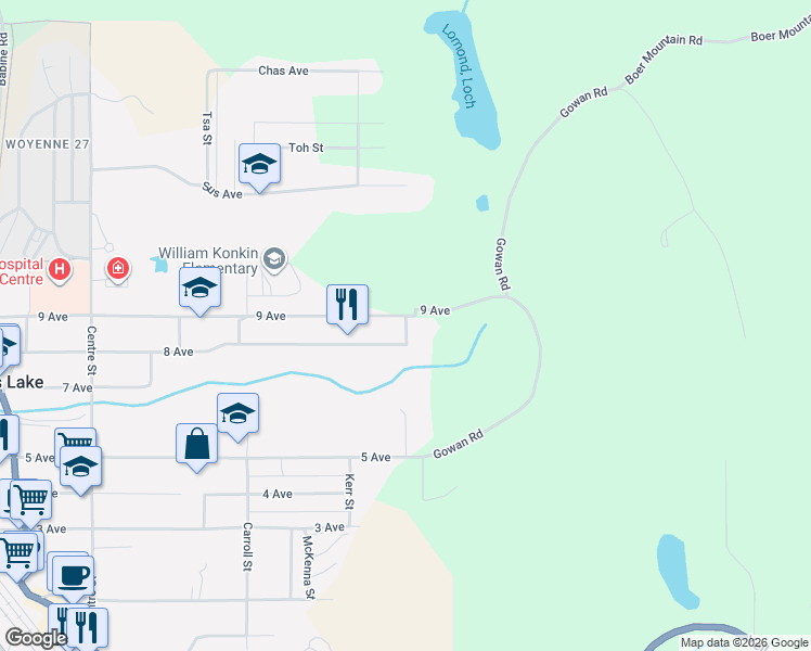 map of restaurants, bars, coffee shops, grocery stores, and more near Shelford Street in Burns Lake
