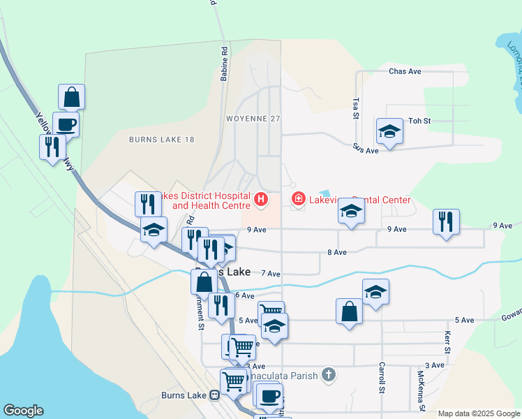 map of restaurants, bars, coffee shops, grocery stores, and more near 741 Centre Street in Burns Lake