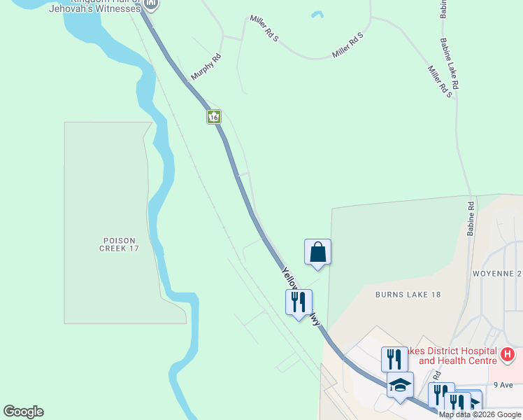map of restaurants, bars, coffee shops, grocery stores, and more near 1880 Nash Road in Burns Lake