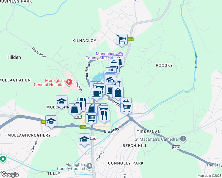 map of restaurants, bars, coffee shops, grocery stores, and more near in Monaghan