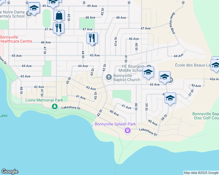 map of restaurants, bars, coffee shops, grocery stores, and more near 4113 42 Street in Bonnyville