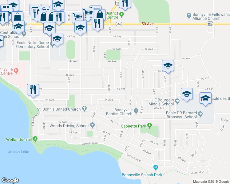 map of restaurants, bars, coffee shops, grocery stores, and more near 4314 45 Avenue in Bonnyville