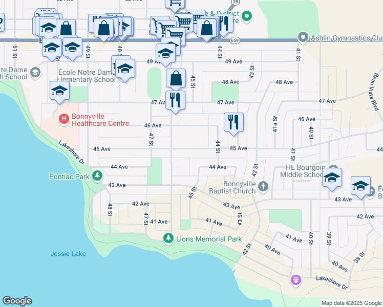map of restaurants, bars, coffee shops, grocery stores, and more near 4416 E 45 Avenue in Bonnyville