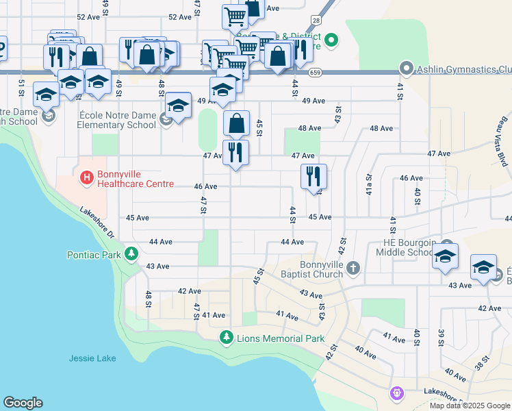 map of restaurants, bars, coffee shops, grocery stores, and more near 4416 E 45 Avenue in Bonnyville
