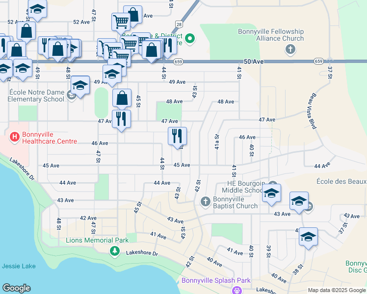 map of restaurants, bars, coffee shops, grocery stores, and more near 4511 43 Street in Bonnyville