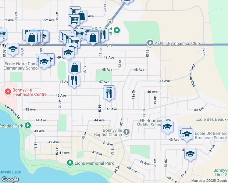 map of restaurants, bars, coffee shops, grocery stores, and more near 4511 43 Street in Bonnyville