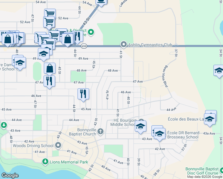 map of restaurants, bars, coffee shops, grocery stores, and more near 4516 41 Street in Bonnyville