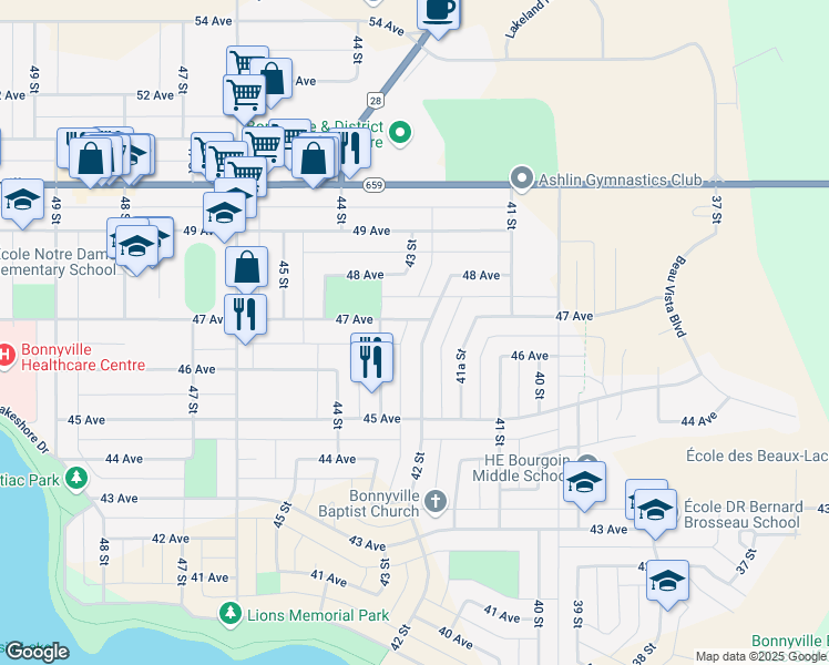 map of restaurants, bars, coffee shops, grocery stores, and more near 4518 42 Street in Bonnyville