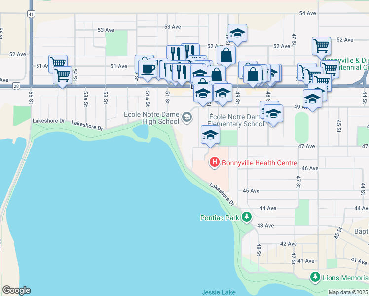 map of restaurants, bars, coffee shops, grocery stores, and more near 5009 Lakeshore Drive in Bonnyville