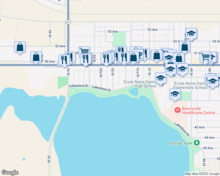 map of restaurants, bars, coffee shops, grocery stores, and more near 4802 53 Street in Bonnyville