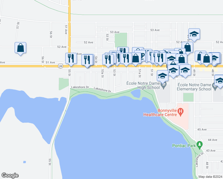 map of restaurants, bars, coffee shops, grocery stores, and more near 4802 53 Street in Bonnyville