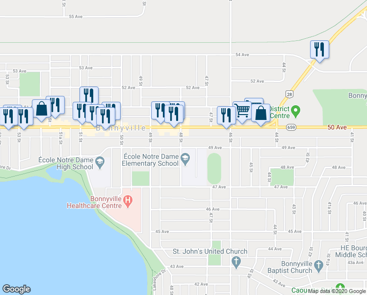 map of restaurants, bars, coffee shops, grocery stores, and more near 4717 49 Avenue in Bonnyville