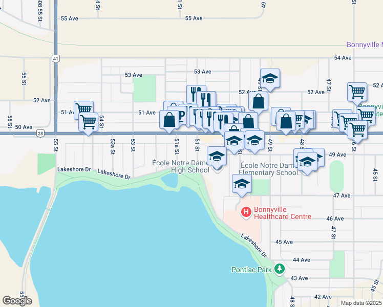 map of restaurants, bars, coffee shops, grocery stores, and more near 4906 51 Street in Bonnyville