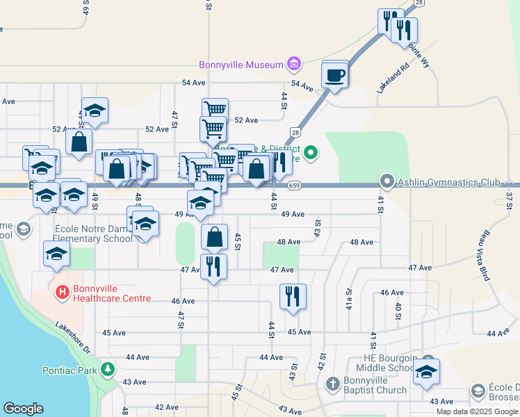 map of restaurants, bars, coffee shops, grocery stores, and more near 4405 49 Avenue in Bonnyville