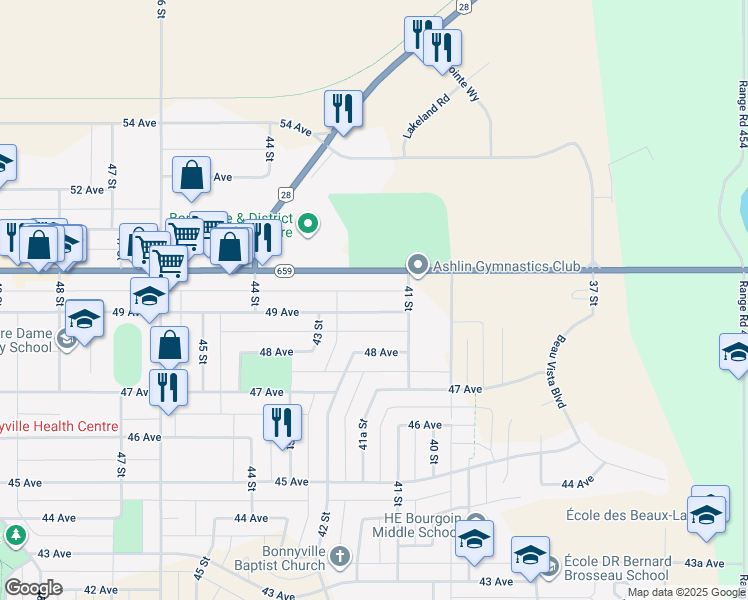 map of restaurants, bars, coffee shops, grocery stores, and more near 4111 49 Avenue in Bonnyville