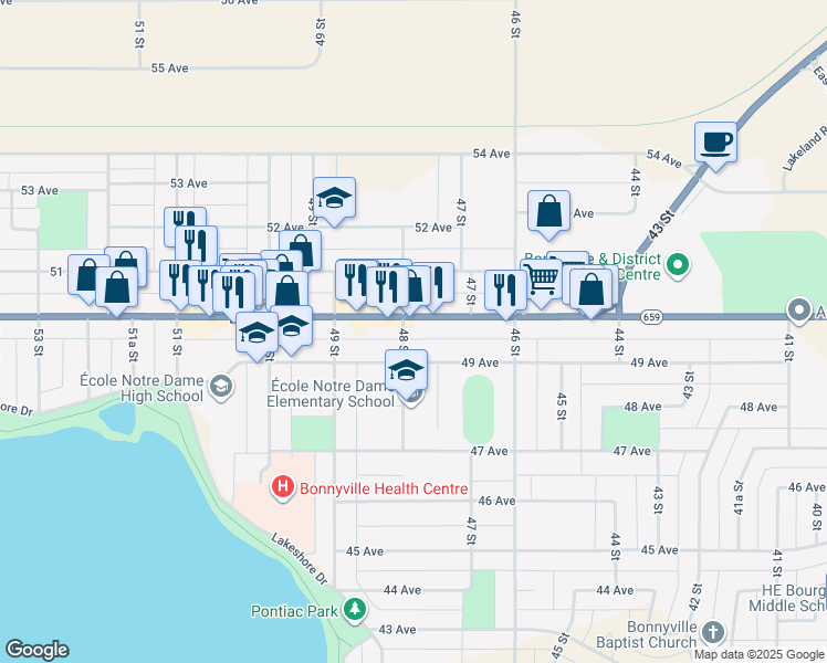 map of restaurants, bars, coffee shops, grocery stores, and more near 4717 49 Avenue in Bonnyville