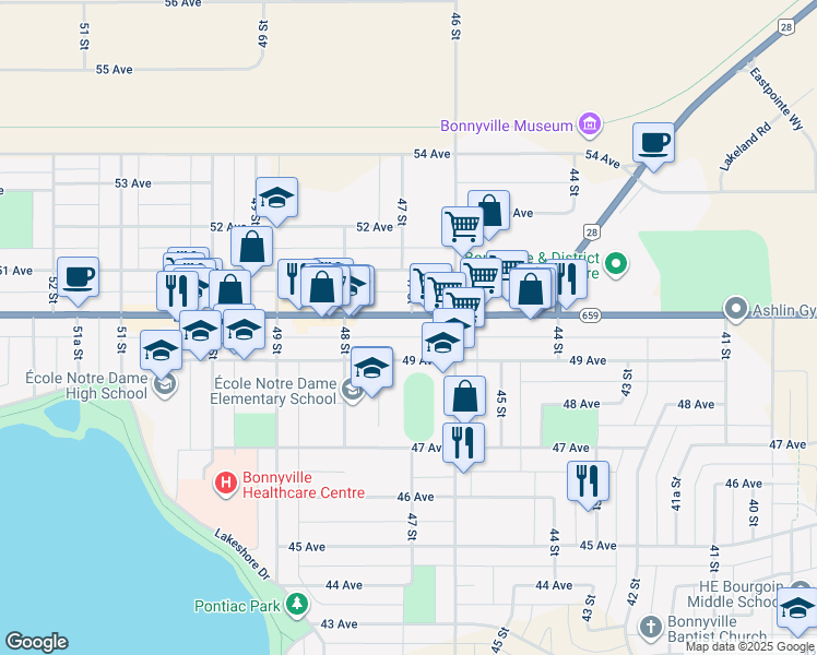 map of restaurants, bars, coffee shops, grocery stores, and more near 4614 50 Avenue in Bonnyville