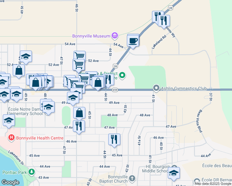 map of restaurants, bars, coffee shops, grocery stores, and more near 4310 50 Avenue in Bonnyville