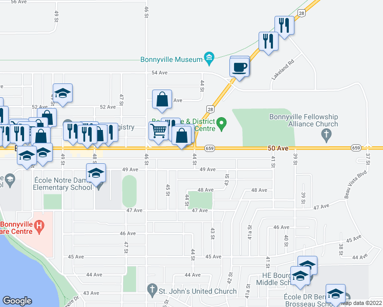 map of restaurants, bars, coffee shops, grocery stores, and more near 4405 49 Avenue in Bonnyville