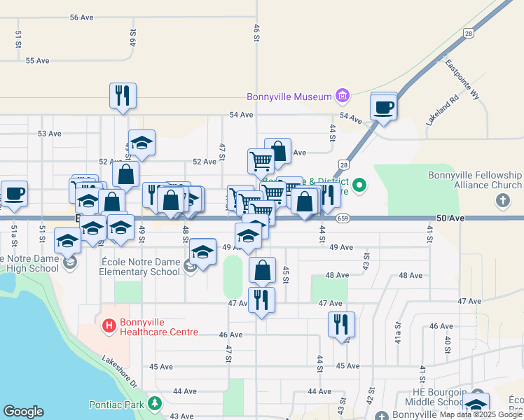map of restaurants, bars, coffee shops, grocery stores, and more near 4515 50 Avenue in Bonnyville
