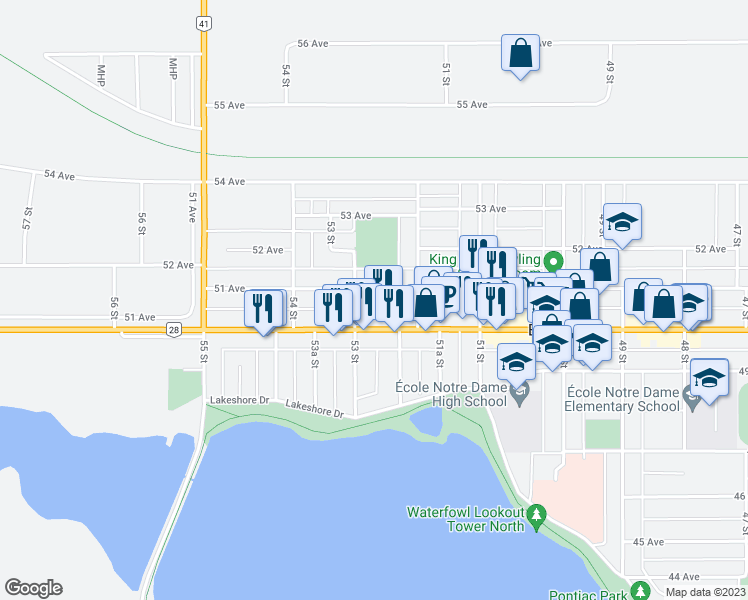 map of restaurants, bars, coffee shops, grocery stores, and more near 5216 51 Avenue in Bonnyville