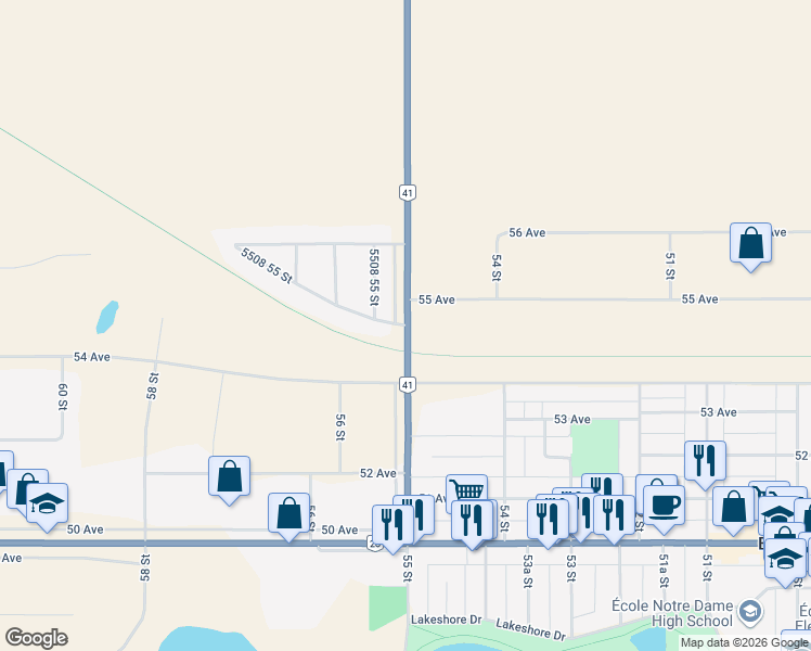 map of restaurants, bars, coffee shops, grocery stores, and more near 5501 55 Street in Bonnyville