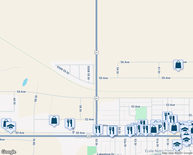 map of restaurants, bars, coffee shops, grocery stores, and more near 5501 55 Street in Bonnyville