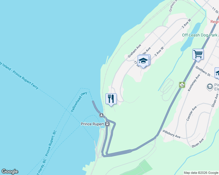map of restaurants, bars, coffee shops, grocery stores, and more near 2180 Graham Avenue in Prince Rupert